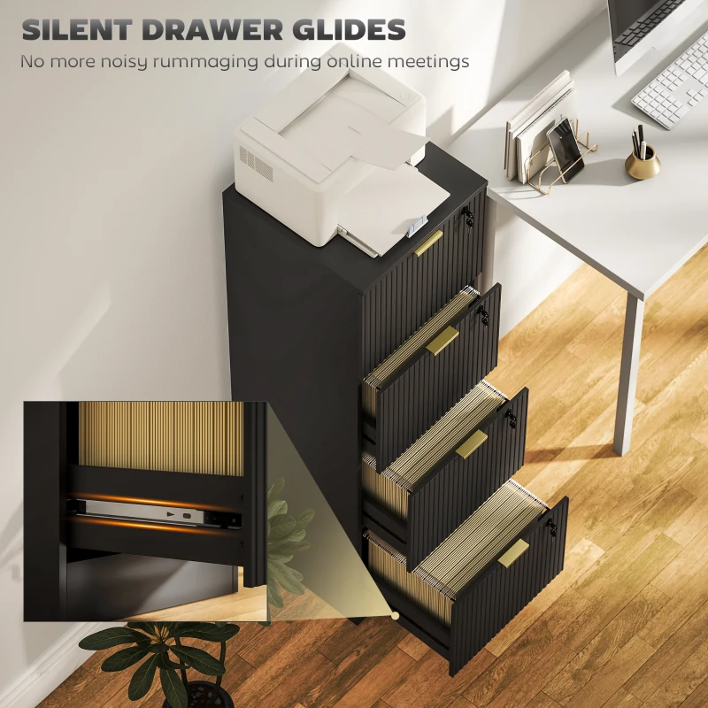 HOMCOM Lockable Filing Cabinet with 4 Fluted Drawers, File Cabinet with Adjustable Hanging Rails for A4 Letter Files, Black