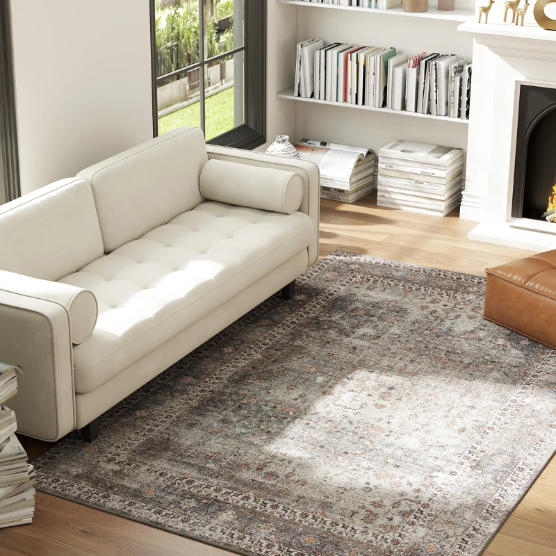 HOMCOM Machine Washable Area Rug 5x7, Non-Slip Traditional Floor Cover Foldable Carpet for Living Room, Dark Mixed-Brown