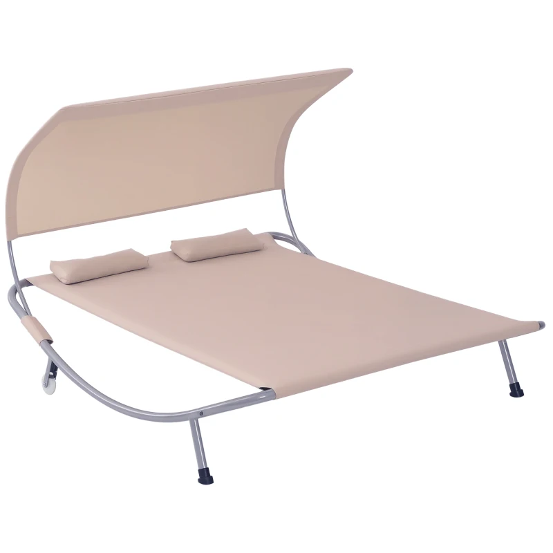 Outsunny 79" Outdoor Lounge Chair with Canopy, Double Chaise Lounger Hammock Bed w/ Pillow and Wheels, Sand