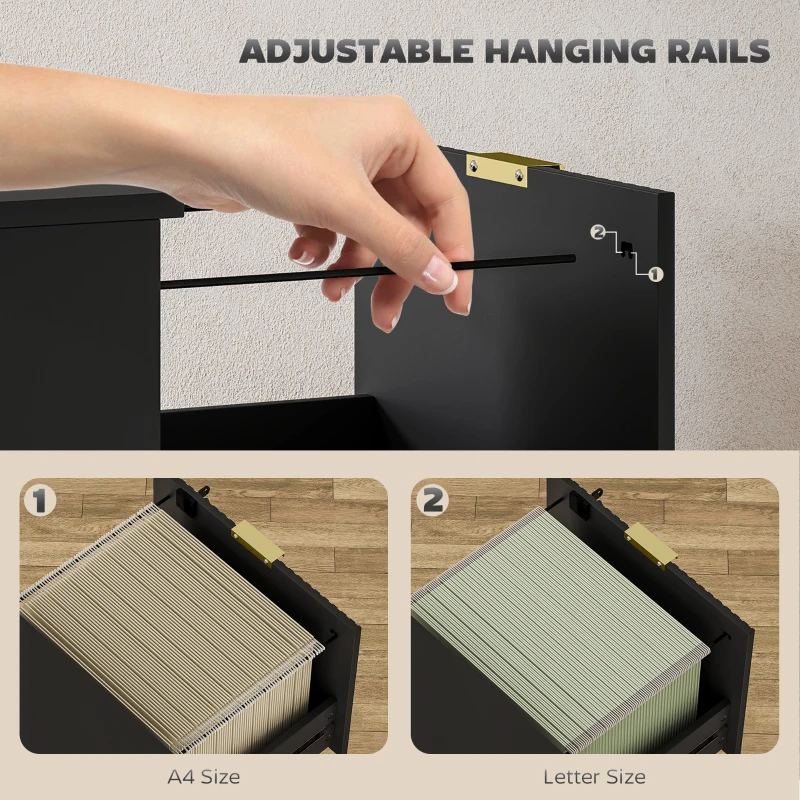 HOMCOM Lockable Filing Cabinet with 4 Fluted Drawers, File Cabinet with Adjustable Hanging Rails for A4 Letter Files, Black