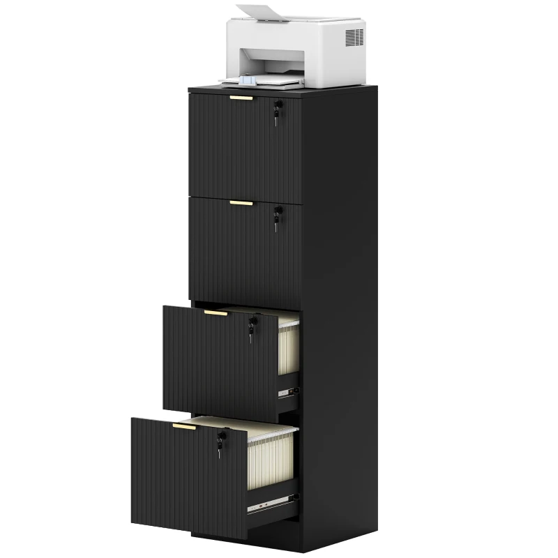 HOMCOM Lockable Filing Cabinet with 4 Fluted Drawers, File Cabinet with Adjustable Hanging Rails for A4 Letter Files, Black