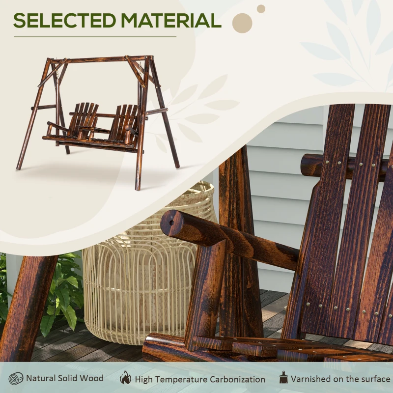 Outsunny Wooden 2-Seat  A-Frame Porch Swing Rustic Patio Bench Outdoor Furniture  w/ Table