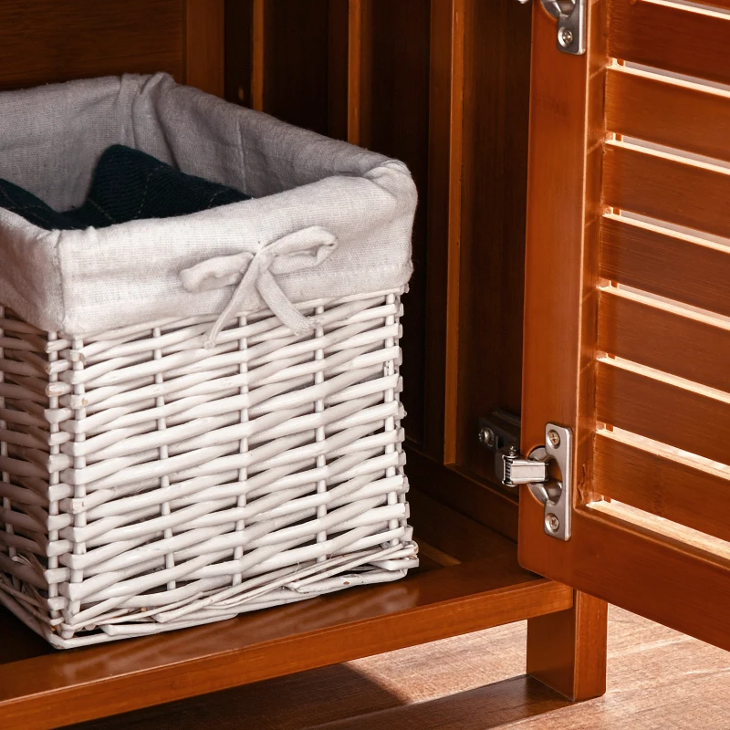 HOMCOM Shoe Bench with Storage Cabinets, Bamboo Entryway Bench with Seating Cushion, 3 Doors and Hidden Compartment for Hallway, Dark Cherry