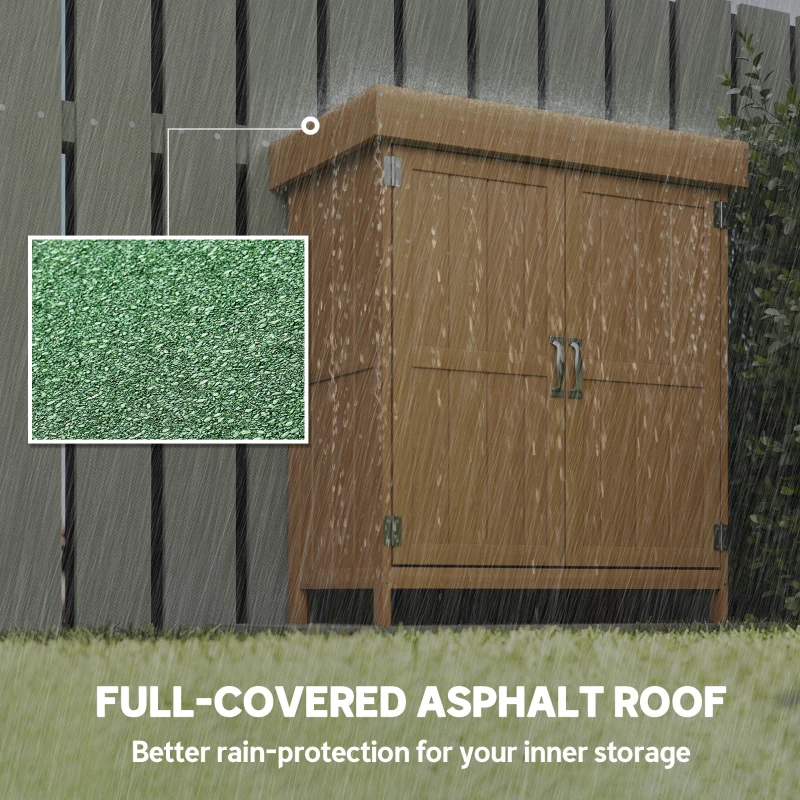 Outsunny Wooden Garden Tool Storage Shed Kit with Hinged Roof, 2-Tier Shelves and Double Doors, 74x43x88cm, Natural Wood