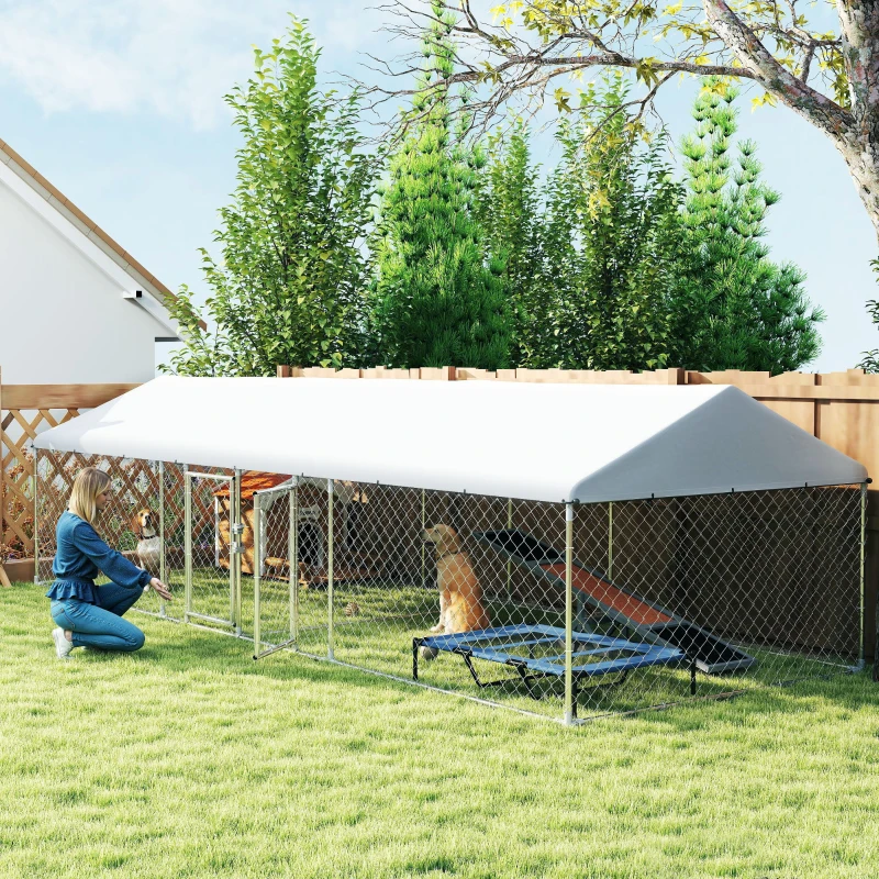 PawHut Two Room Outdoor Dog Kennel, Dog Run with Roof, Waterproof UV-Resistant Cover, Secure Lock, 19.7' x 7.5' x 5.2'