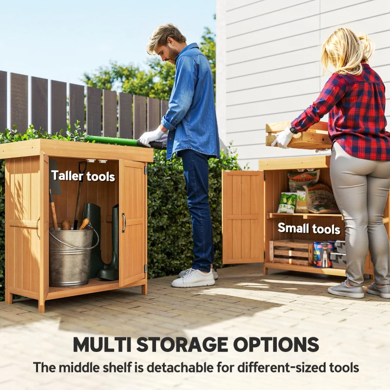 Outsunny Wooden Garden Tool Storage Shed Kit with Hinged Roof, 2-Tier Shelves and Double Doors, 74x43x88cm, Natural Wood