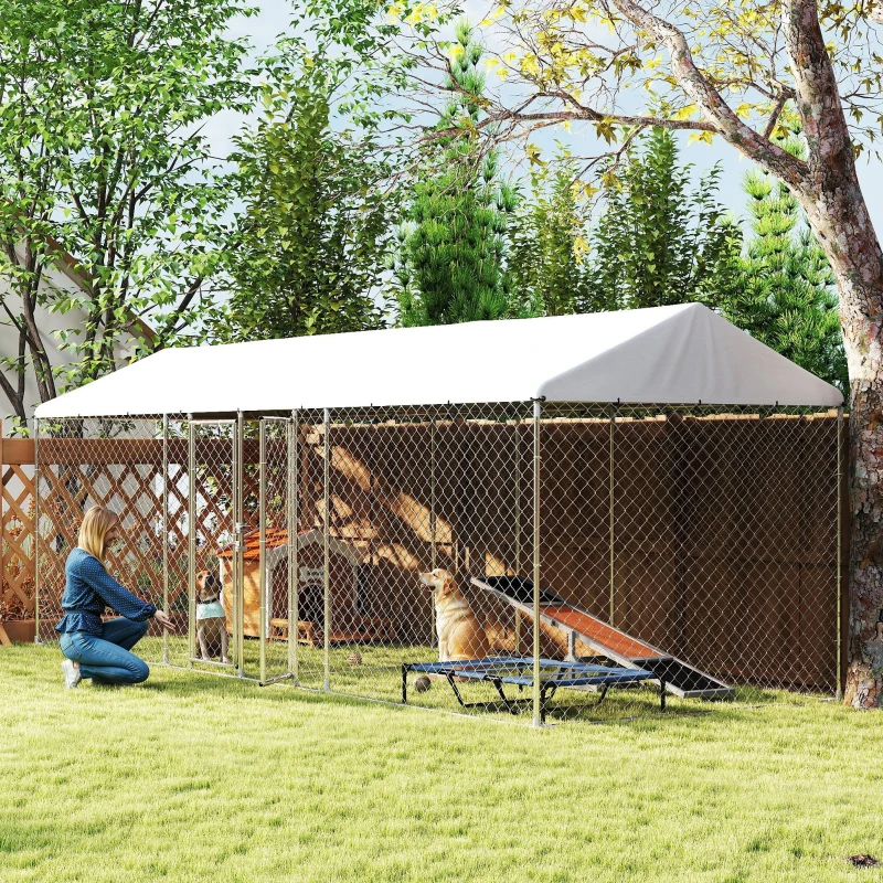 PawHut Outdoor Dog Kennel with Two Rooms, Waterproof UV-Resistant Cover, Escape-Proof Lock, 19.7' x 7.5' x 7.5'