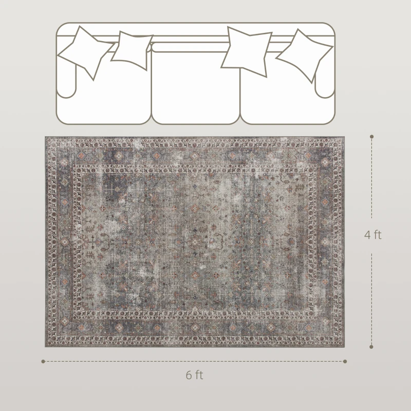 HOMCOM Machine Washable Area Rug 4x6, Non-Slip Traditional Floor Cover Foldable Carpet for Living Room, Dark Mixed-Brown