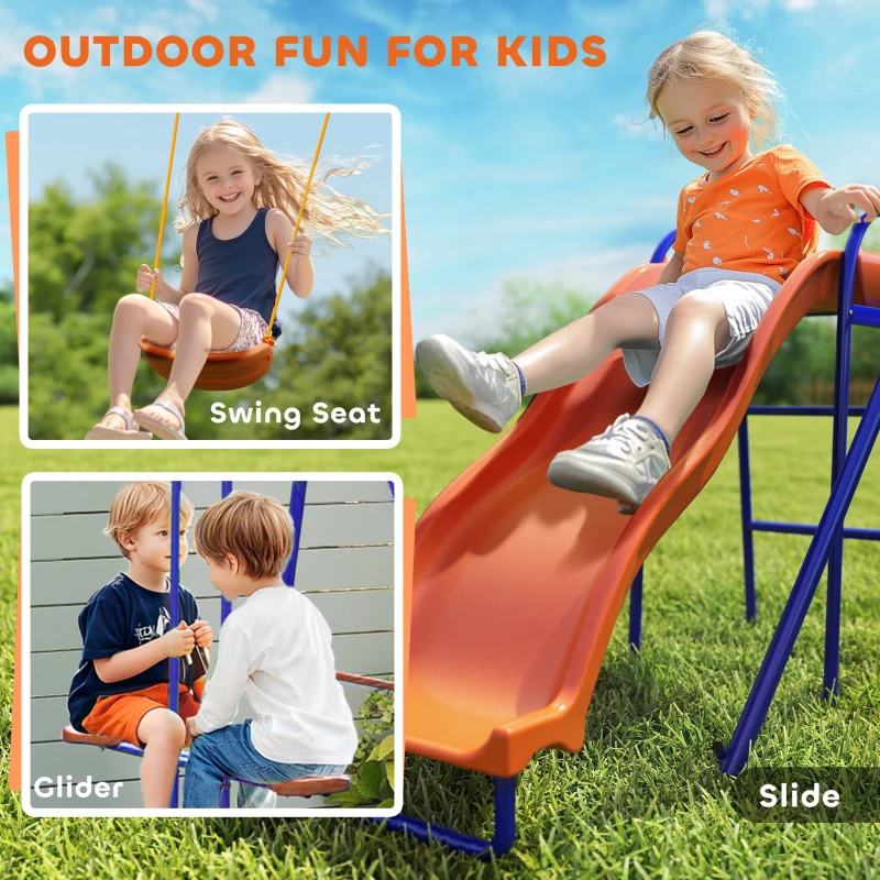 Outsunny 4 in 1 Metal Swing Set with Double Swings, Glider, Slide, Ladder for Backyard, Outdoor, Playground, Multicoloured