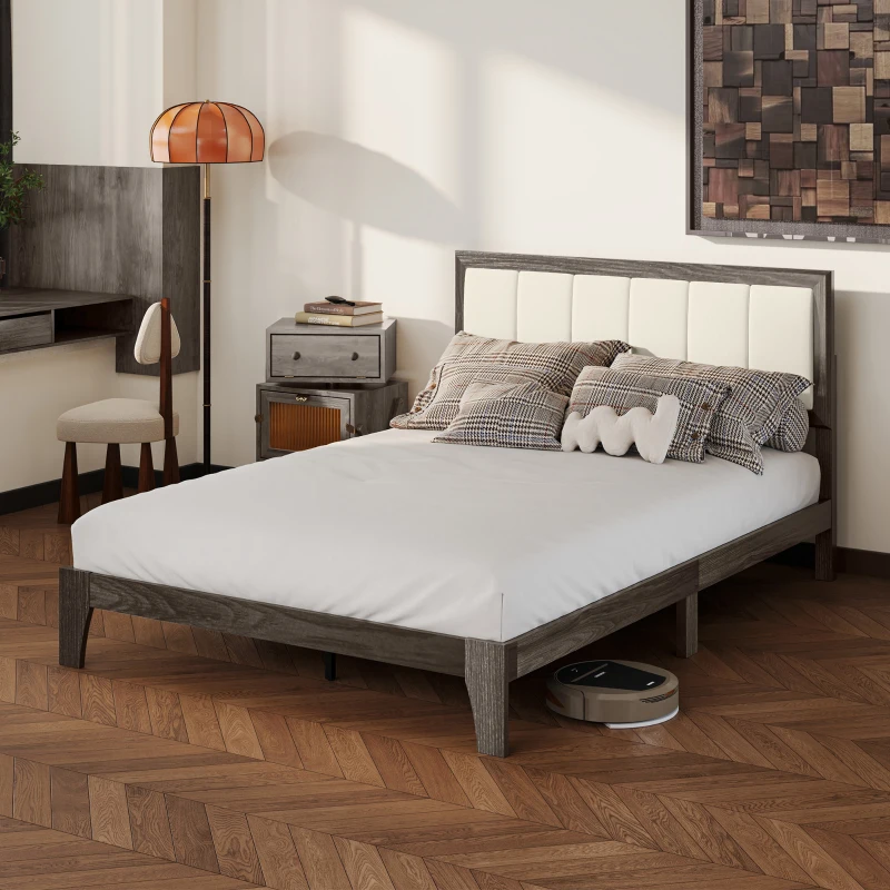 HOMCOM Full Bed Frame with Headboard Full Size Platform Bed Frame with Wooden Slats No Box Spring Needed Charcoal Gray