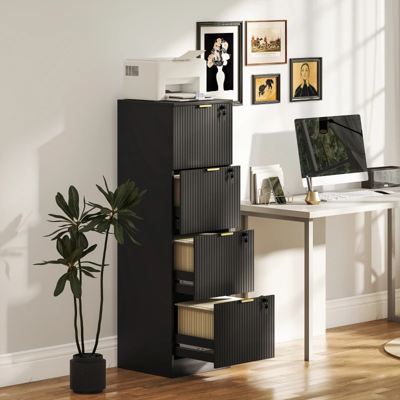 HOMCOM Lockable Filing Cabinet with 4 Fluted Drawers, File Cabinet with Adjustable Hanging Rails for A4 Letter Files, Black