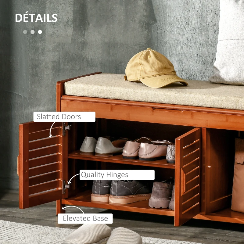 HOMCOM Shoe Bench with Storage Cabinets, Bamboo Entryway Bench with Seating Cushion, 3 Doors and Hidden Compartment for Hallway, Dark Cherry