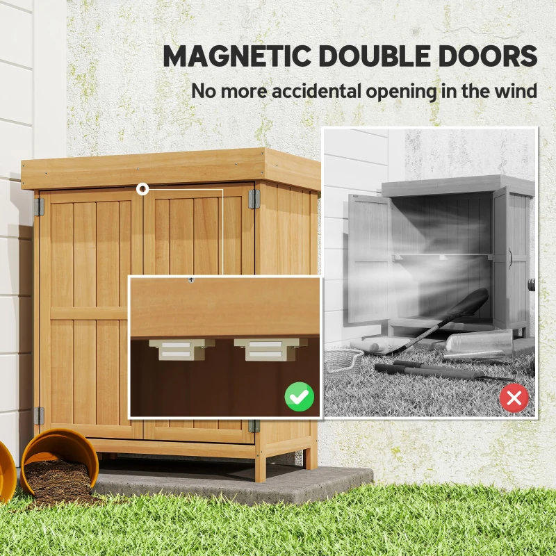 Outsunny Wooden Garden Tool Storage Shed Kit with Hinged Roof, 2-Tier Shelves and Double Doors, 74x43x88cm, Natural Wood