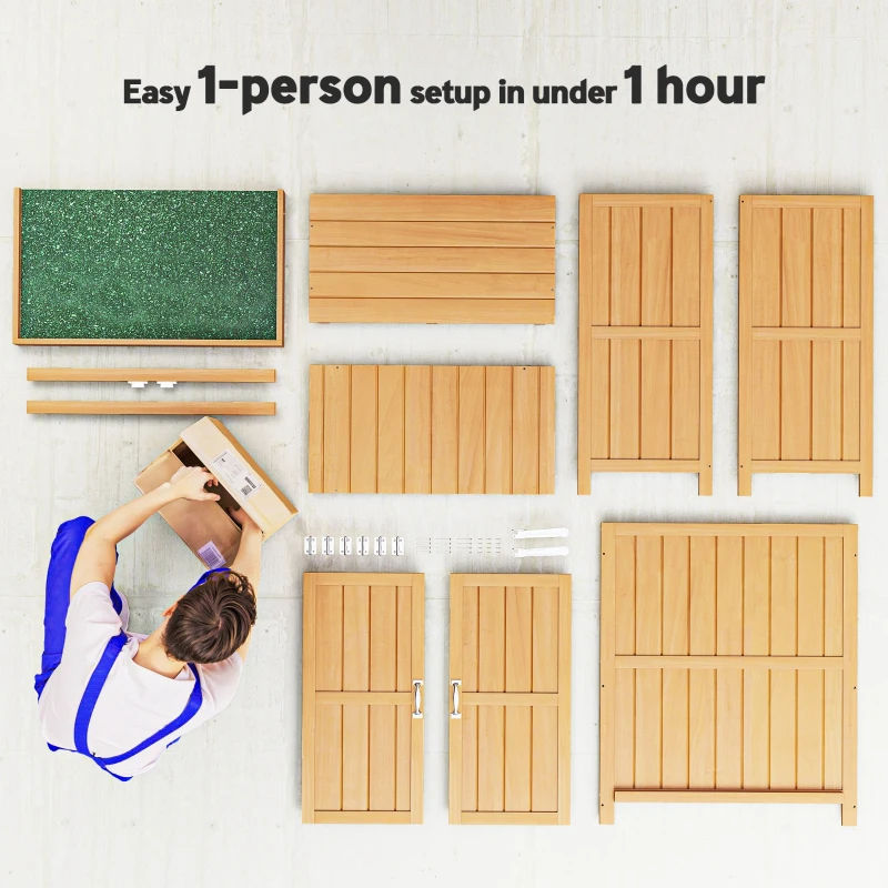 Outsunny Wooden Garden Tool Storage Shed Kit with Hinged Roof, 2-Tier Shelves and Double Doors, 74x43x88cm, Natural Wood