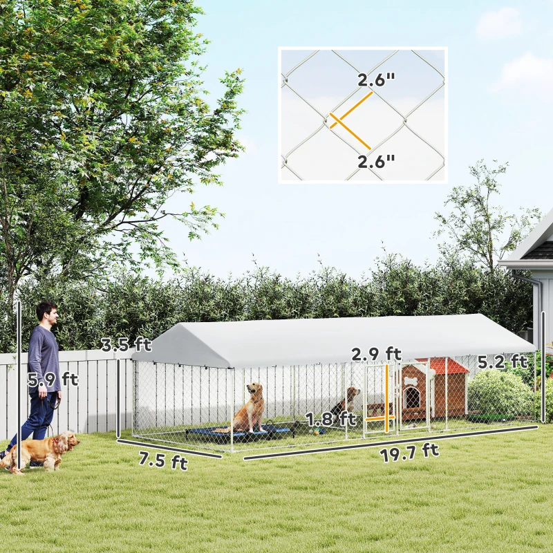 PawHut Two Room Outdoor Dog Kennel, Dog Run with Roof, Waterproof UV-Resistant Cover, Secure Lock, 19.7' x 7.5' x 5.2'