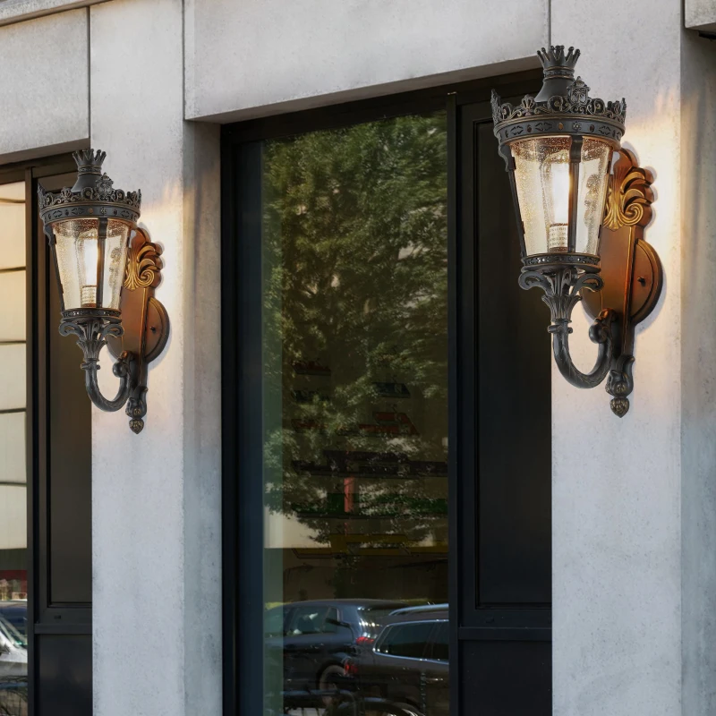 21" Vintage Outdoor Wall Lantern with Crown Top, Waterproof Exterior Sconce, Easy Installation, 10" L x 8" W x 21" H, Coffee+Golden