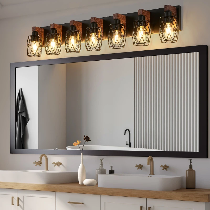 Industrial 7-Light Wall Sconce with Metal Wire Cage Shades, Wooden Accents, Ideal for Bathroom, Hallway, 44" L x 6" W x 8.5" H, Walnut+Black