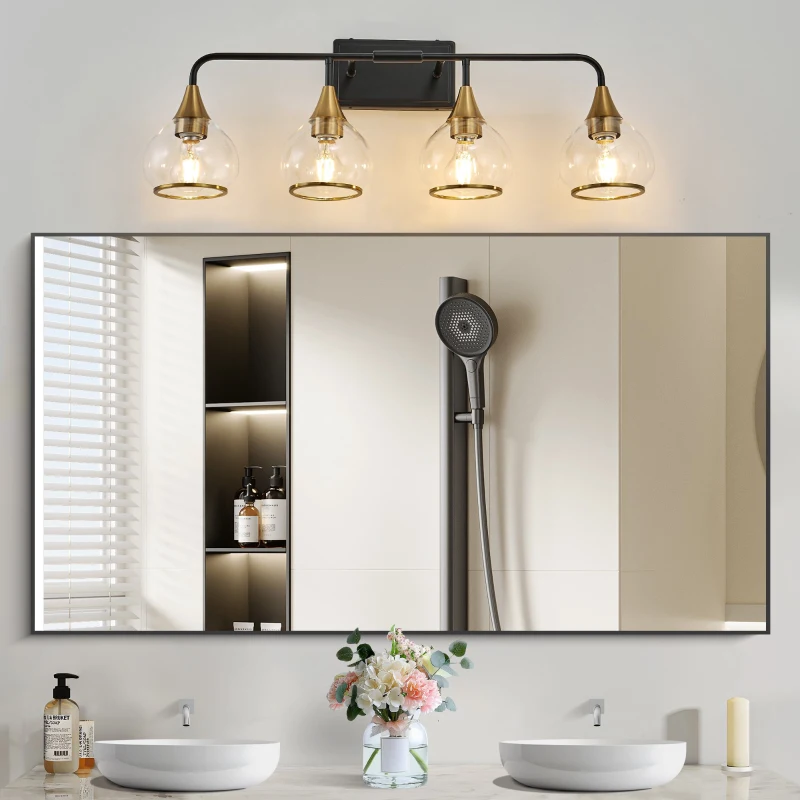 31" Modern 4-Light Vanity Wall Sconce with Clear Glass Shades, Industrial Wall Mounted Lamp for Living Spaces, 31" L x 8" W x 11" H, Black+Gold