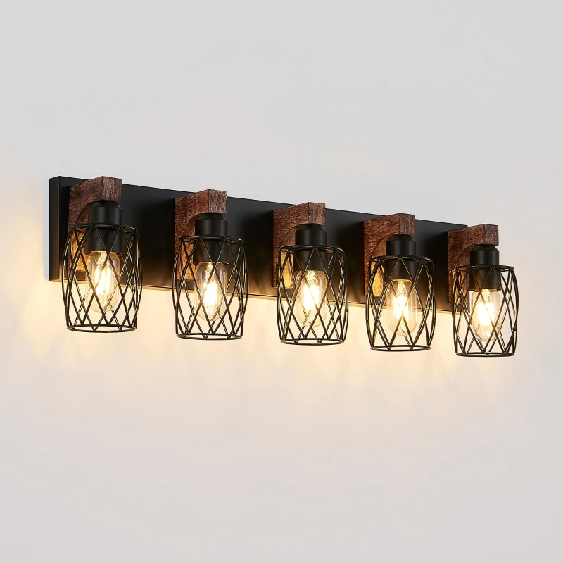 31" Industrial Vintage 5-Light Wall Sconce with Wooden Accents, Cage Fixture for Hallway, Living Room, 31" L x 6" W x 8.5" H, Walnut+Black