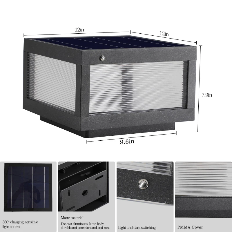 12" Solar Powered LED Post Cap Light with IP65 Waterproof, Modern Outdoor Fence Light for Pathways, Decks, Patios, 12" L x 12" W x 8" H, Black