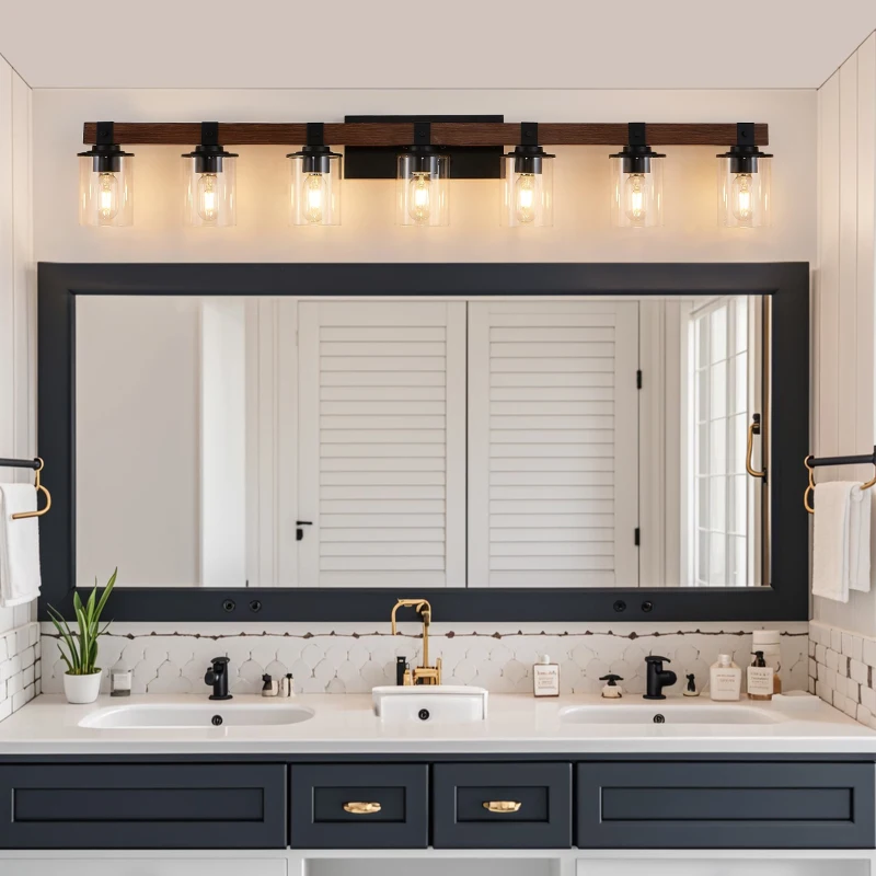 50" 7-Light Vanity Light with Glass Shades, Wood Accent, Modern Farmhouse Wall Sconce for Bathroom, 50" L x 8.5" W x 6" H, Walnut+Black