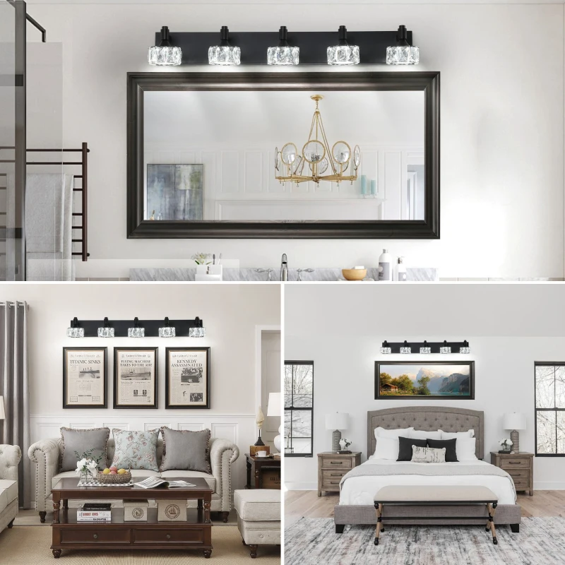 Modern 5-Light LED Vanity Light Fixture with Crystal Glass Shades, Matte Black Bathroom Wall Sconce, 36" L x 8" W x 5" H, Black