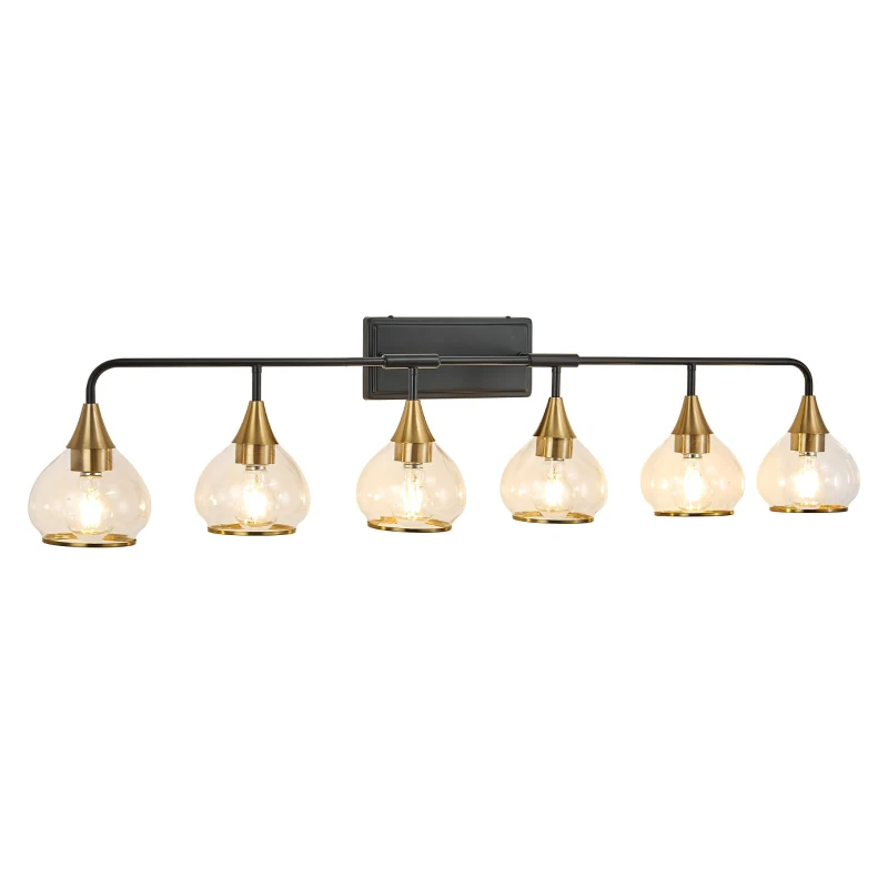 48" Modern 6-Light Vanity Wall Sconce with Clear Glass Shades, Wall Mounted Lamp for Bathroom, Living Room, 48" L x 8" W x 11" H, Black+Gold