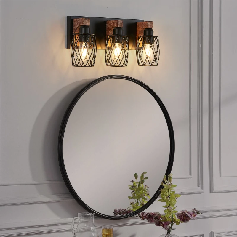 Industrial 3-Light Wall Sconce with Wooden Accents, Cage Wall Lighting Fixture for Bathroom, Hallway, 17.5" L x 6" W x 8.5" H, Walnut+Black