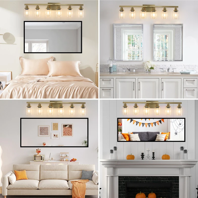37" 6-Light Vanity Light with Clear Glass Shades, Easy Installation, Modern Iron Metal Bathroom Wall Fixture for Mirror, 37" L x 6" W x 9" H, Golden
