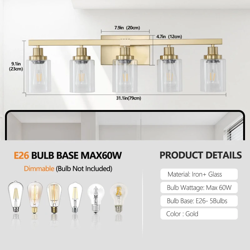 31" 5-Light Vanity Light with Clear Glass Shades, Easy Installation, Modern Iron Bathroom Wall Fixture for Mirror, 31" L x 6" W x 9" H, Golden