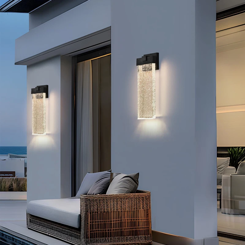 Modern Outdoor Wall Light Fixture with Bubble Crystal, Weatherproof LED Wall Sconce, Up and Down Lighting, 4" L x 5.5" W x 18" H, Black