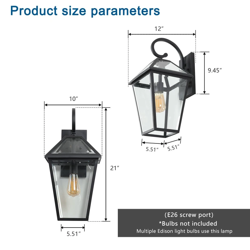 21" Outdoor Wall Lantern Light with Weather-Resistant Design, Modern Meta, Clear Glass Sconce, Easy Installation, 12" L x 10" W x 21" H, Black