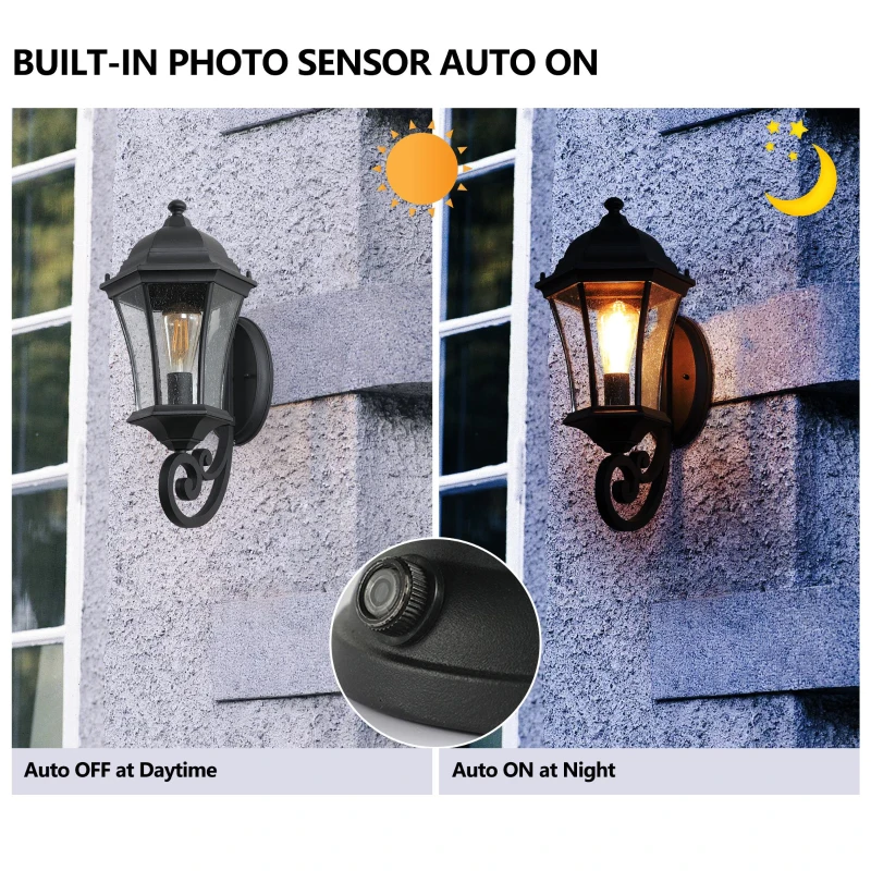 Vintage Wall-Mounted Outdoor Lantern Light with Weather-Resistant, Aluminum Sconce for Porch, Patio, 11" L x 9.5" W x 19.5" H, Black