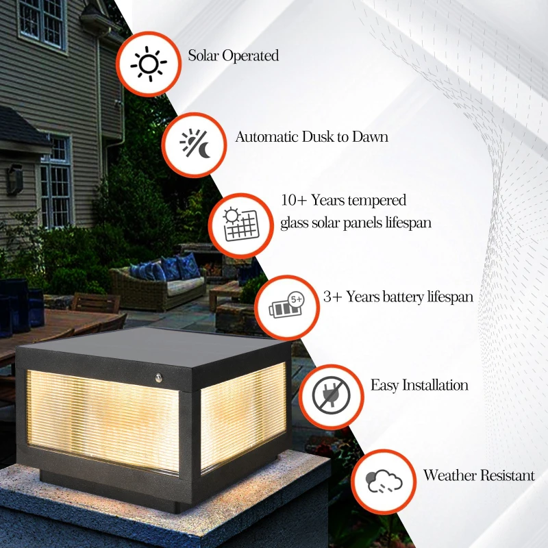 12" Solar Powered LED Post Cap Light with IP65 Waterproof, Modern Outdoor Fence Light for Pathways, Decks, Patios, 12" L x 12" W x 8" H, Black
