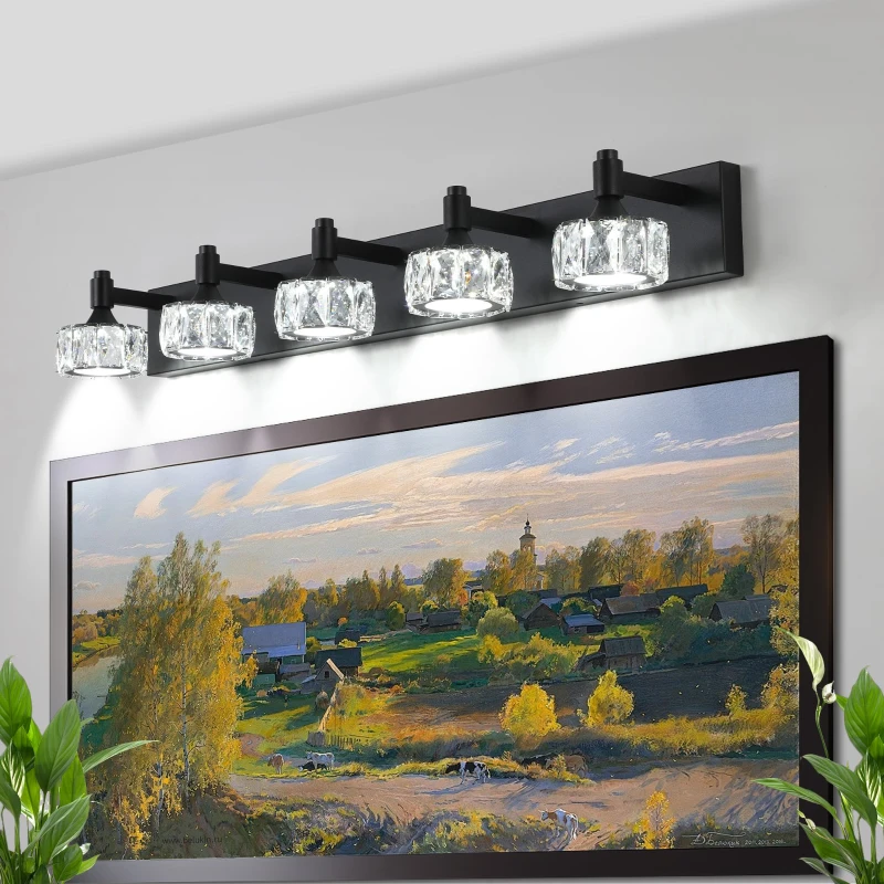 Modern 5-Light LED Vanity Light Fixture with Crystal Glass Shades, Matte Black Bathroom Wall Sconce, 36" L x 8" W x 5" H, Black