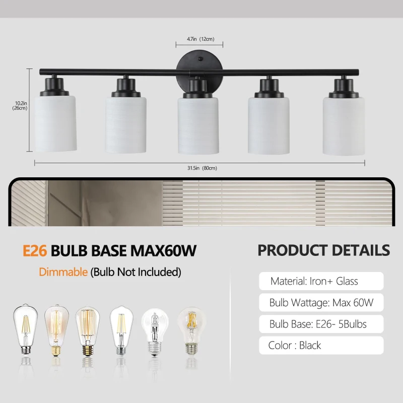 31" Modern 5-Light Vanity Bathroom Mirror Light with Iron Frame, Contemporary Wall Sconce for Bedroom, Dressing Room, Black+White