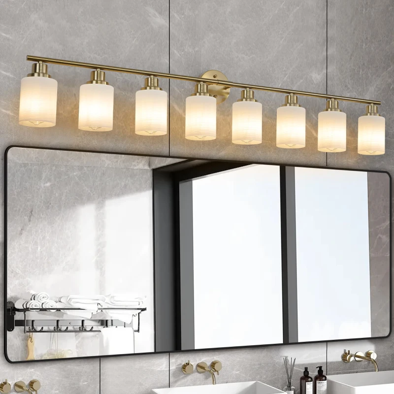 52" 4-Light Vanity Wall Sconce with Frosted Glass Shades, Golden Finish, Ideal for Bathroom or Hallway Lighting, 52" L x 6.5" W x 10" H, Gold