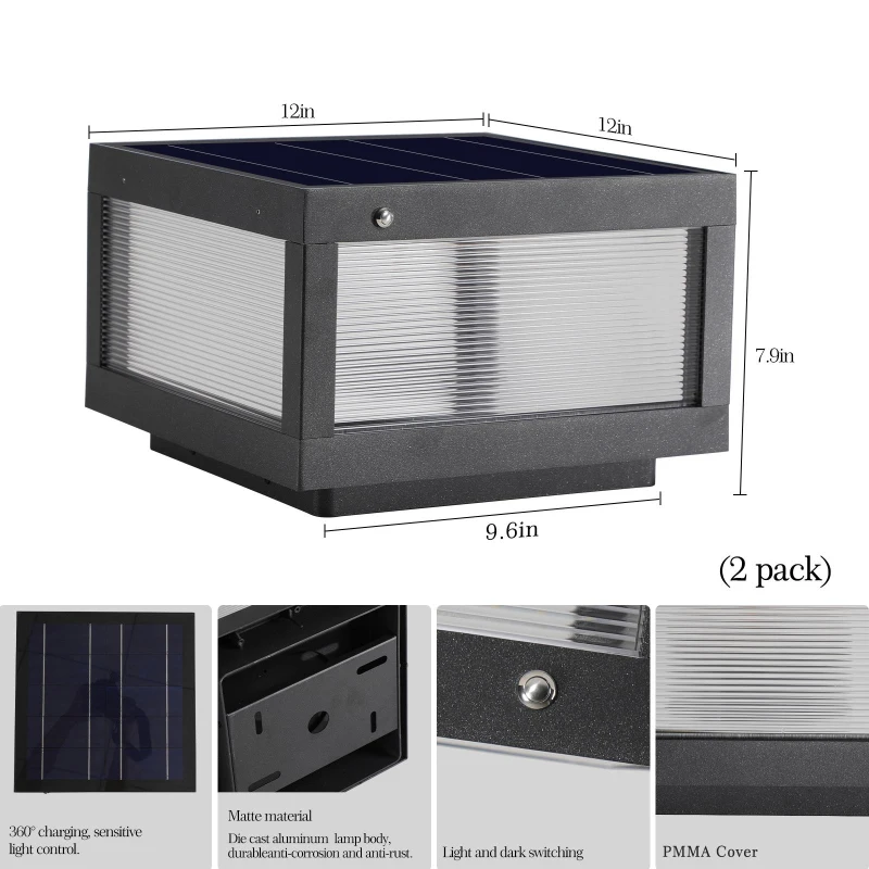 2-Pack Solar Powered LED Post Cap Light with Modern design, Modern Outdoor Fence Light for Pathways, Decks, 12" L x 12" W x 8" H, Black