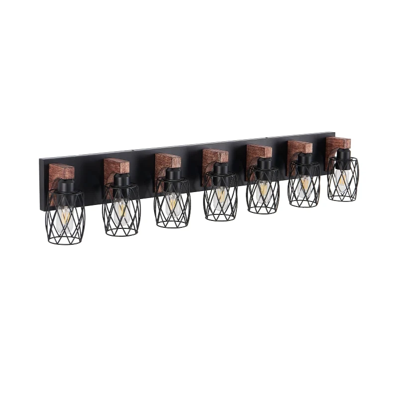 Industrial 7-Light Wall Sconce with Metal Wire Cage Shades, Wooden Accents, Ideal for Bathroom, Hallway, 44" L x 6" W x 8.5" H, Walnut+Black