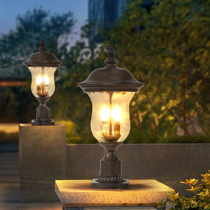 Vintage Outdoor Lamp Post Light with Clear Glass Shade, Classic Bronze Finish, Ideal for Yard, Porch, 10" L x 10" W x 21" H, Brown+Bronze