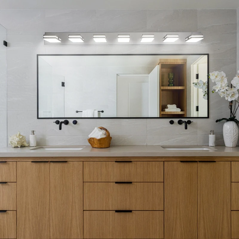 Energy-Efficient 7-Light Wall Sconce with Geometric Lamp Heads, Chrome LED Vanity Light for Bathroom, Mirror, 55" L x 4.5" W x 5" H, Silver