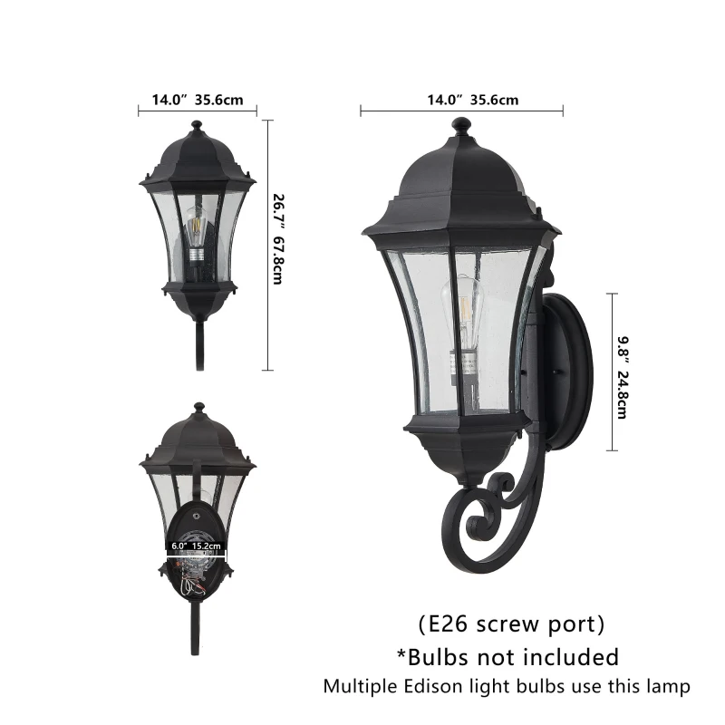 27" Outdoor Wall Lantern with Dusk to Dawn Sensor, Weatherproof Vintage Wall Sconce, Ideal for Porch, Patio, 12.5" L x 14" W x 27" H, Black