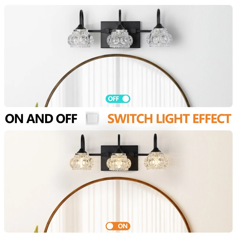 Retro 3-Light Bathroom Wall Sconce with Crystal Glass Shades, Metal Bracket, Wall Mounted Vanity Light Fixture, 17.5" L x 7" W x 6.5" H, Black