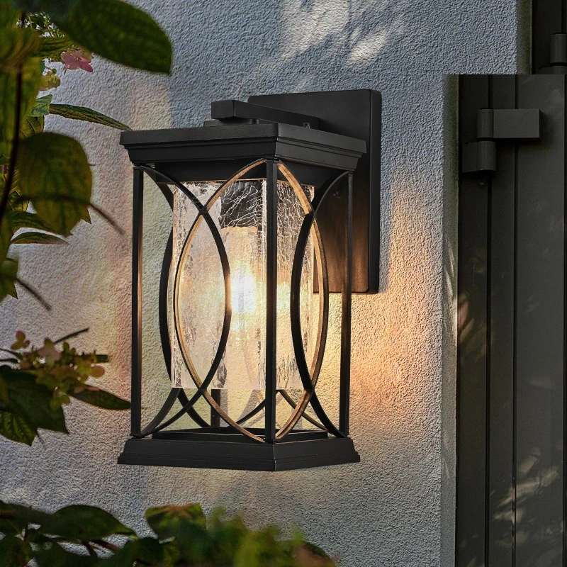 Outdoor Wall Lantern with Crackled Glass, Weather-Resistant Exterior Light Fixture for Porch, Patio, Entryway, 6.5" L x 8.5" W x 14" H, Black