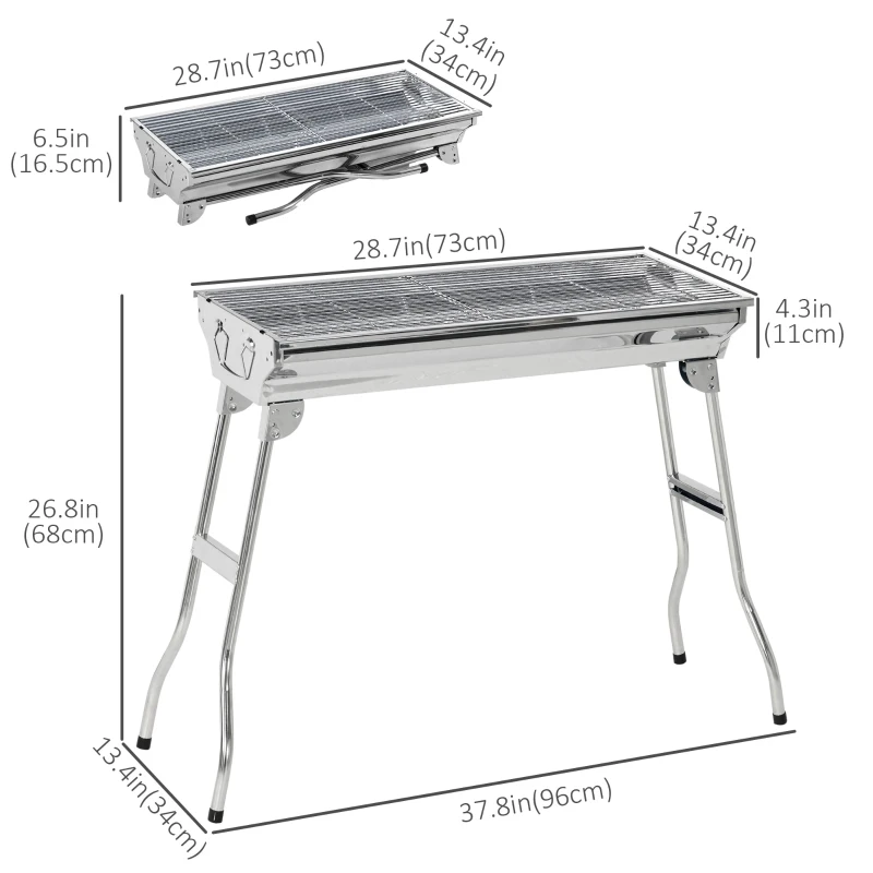 Outsunny Stainless Steel Charcoal BBQ Grill, Portable Barbecue Grill with Handles for Outdoor, Cooking, Camping, Picnic