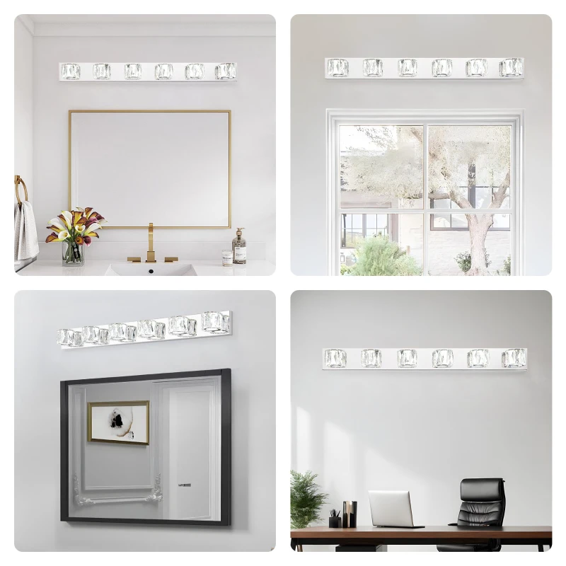Modern 6-Light LED Wall Sconce with Clear Crystal Shades, Built-In LED Lighting, Elegant Bathroom Vanity Light, 41" L x 4.5" W x 4.5" H, Silver