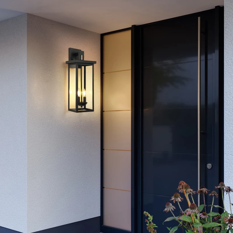 Outdoor Wall Lantern with Dusk to Dawn Sensor, Weatherproof Dual-Light Design, Clear Glass Panels, 8" L x 9.5" W x 22" H, Black