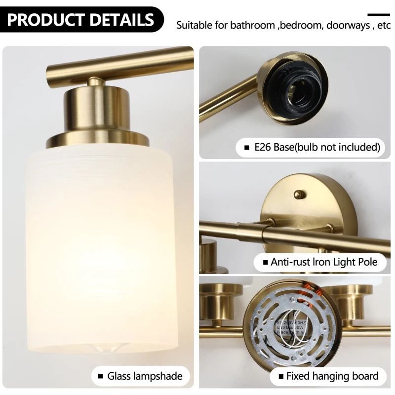 24.5" Modern 4-Light Vanity Wall Sconce with Frosted Glass Shades, Hard-Wired Bathroom Lighting Fixture, 24.5" L x 6.5" W x 10" H, Gold