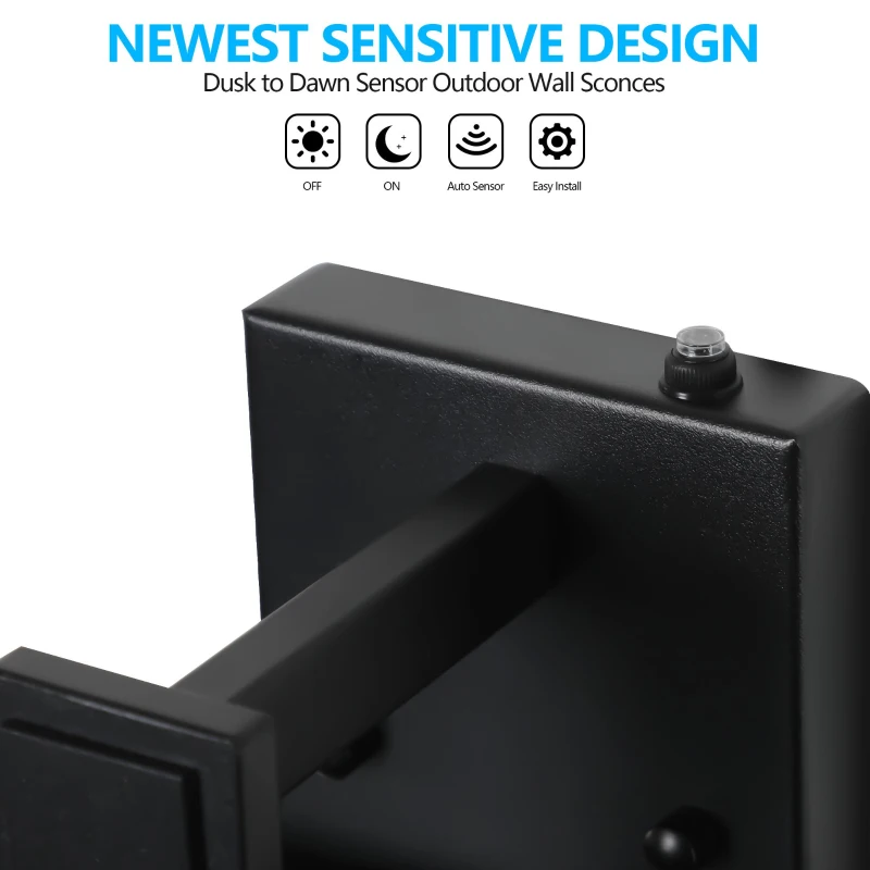 Set of 2 Modern Outdoor Wall Lanterns with Clear Glass, Ambient Light Sensors, Weatherproof Design, 9" L x 9.5" W x 20" H, Black