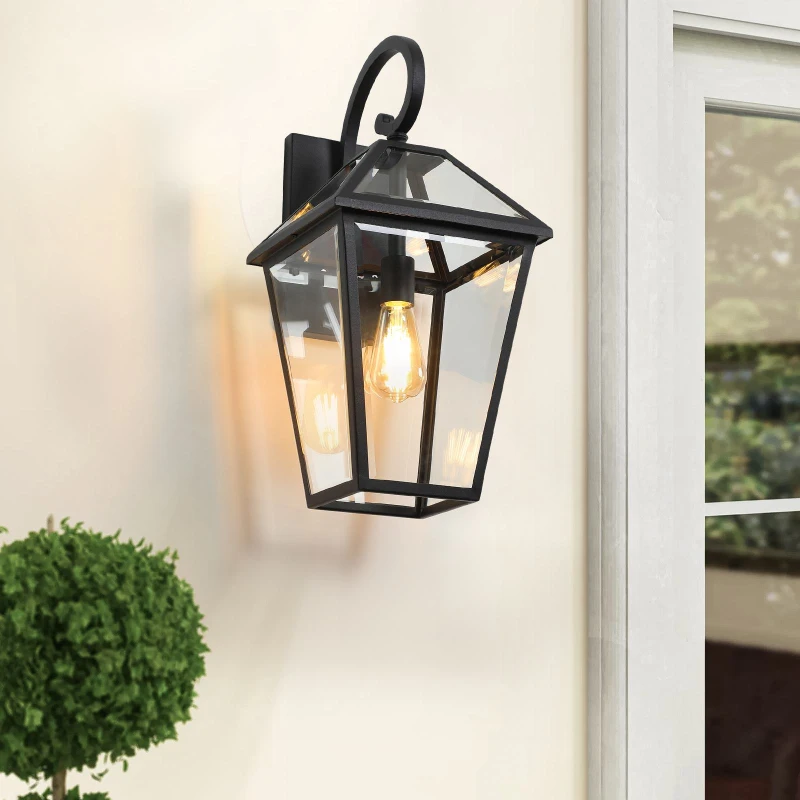 21" Outdoor Wall Lantern Light 2-Pack with Weather Resistant, Modern Metal, Glass Sconce for Porch and Patio, 24" L x 10" W x 21" H, Black
